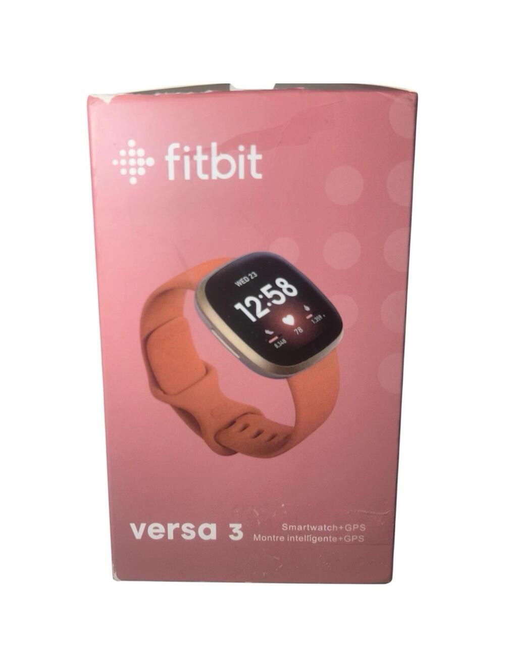 Fitbit Versa 3 40 mm Pink Rubber Case with Gold Aluminum Band GPS Smartwatch NEW